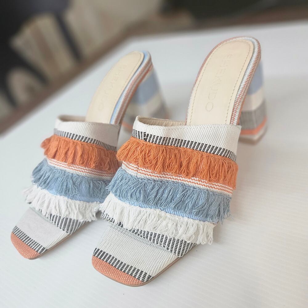 Shekudo Ilamoye Woven Fringe Block Heel Mules 9 / 39 - EUC, Color Weave 2 - Picture 8 of 11